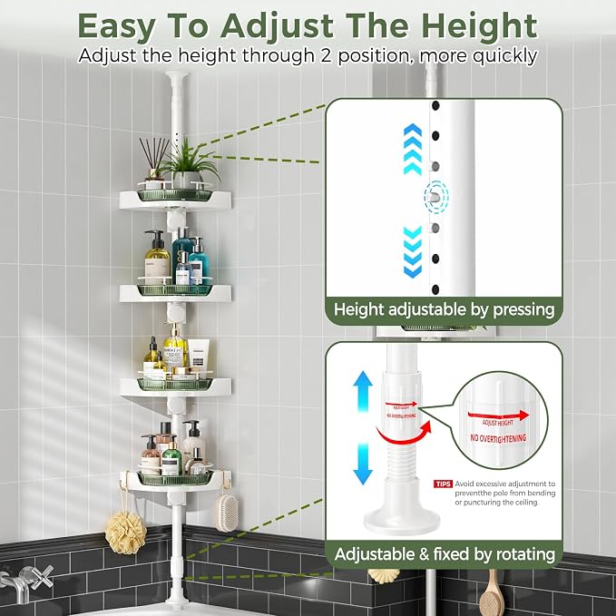 AKINBAS 360° Rotating Shower Caddy Tension Pole with 4-Tier Rustproof Lazy Susan 35-128 Inch No Drilling Coner Shelves Adjustable Shower Rack for Bathroom Bathtub Washbasin Plant Storage (White+Green)