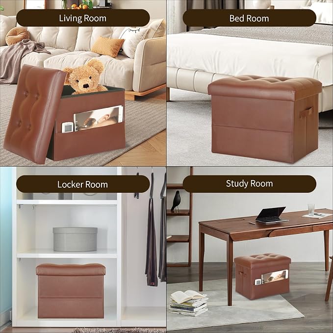 BelugaHelper Storage Ottoman Foot Rest Stool. Folding Ottoman with Storage with Thicker Foam Padded Seat. 330 lbs Footstool Bench for Living Room, Bedroom, Home Office Table, 17x13x13in, Light Brown | Small Ottoman with Storage with Thicker Foam Padded...