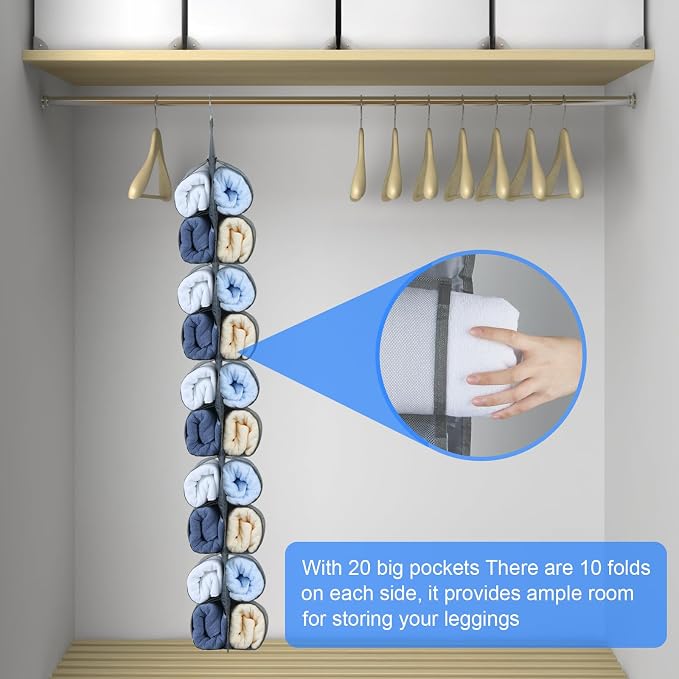 Hanging Storage Legging Organizer for Wardrobe 20 Pockets Grey | Hang on rod, behind door, Clear-view pockets keep leggings, jeans, scarves visible. Space-saving for bedroom, dorm, apartment
