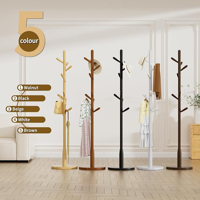 Solid Wood Round Base Coat Rack, Free Standing Hall Coat Tree with 8 Hooks（+2 spare for Coats, Hats, Bags, Purses, for Entryway, Hallway, Rubberwood Hooks,Base and Pole(Round Base,Black)
