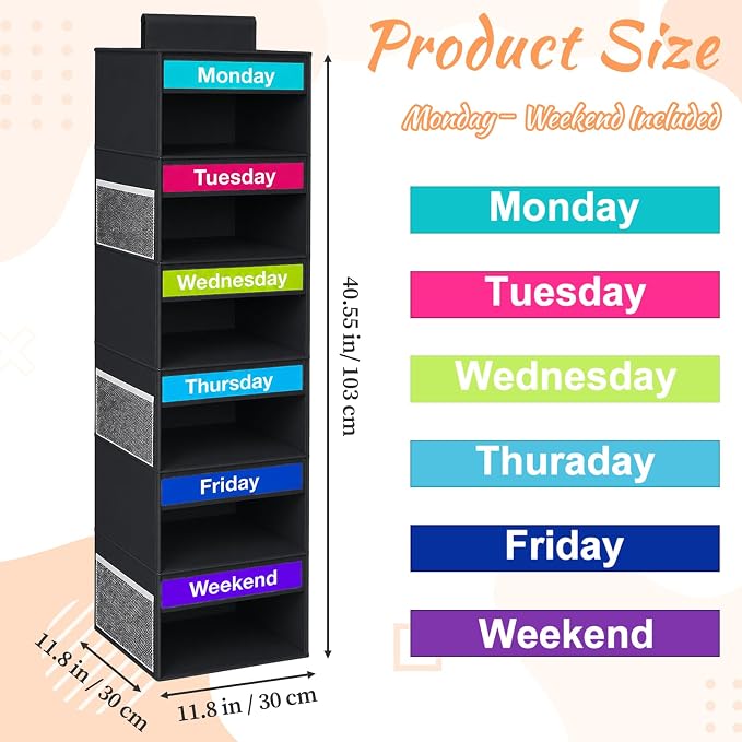 Weekly Clothes Organizer for Closet, 6-Shelf Hanging Closet Organizer with 6 Side Pockets(Black)