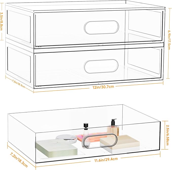 2 Pack Clear Makeup Storage Drawer, 12''W Stackable Bathroom Organizers and Storage Drawer, Acrylic Cosmetic Display Case For Vanity, Undersink, Cabinets, Desk Organizer