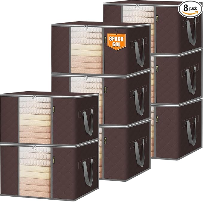 BALEINE 8 Pack Clothes Storage Bags, 16 Gallon Storage Containers with Reinforced Handle, Sturdy Zipper, Closet Organizer for Blanket, Comforter, Pillow, Bedding (Brown, 8 Pack)