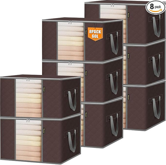 BALEINE 8 Pack Clothes Storage Bags, 16 Gallon Storage Containers with Reinforced Handle, Sturdy Zipper, Closet Organizer for Blanket, Comforter, Pillow, Bedding (Brown, 8 Pack)
