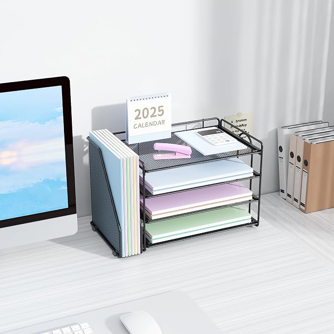 Spacrea 4-Tier Paper Organizer for Desk with File Organizer | Desk Organizers and Accessories Desk Accessories & Workspace Organizers for Office Supplies (Black)