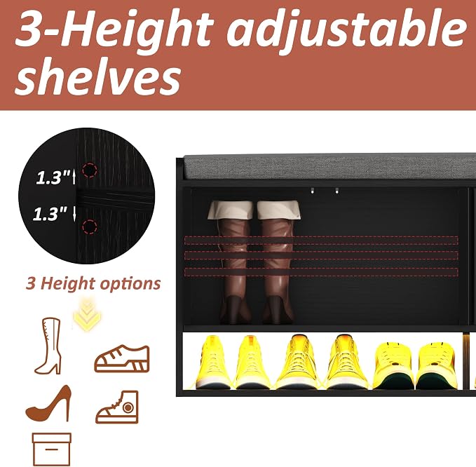 HOMEFORT 47.2" Fluted Shoe Storage Bench, Entryway Bench with Linen Seat Cushion, Shoe Cabinet Bench with Adjustable Shelf and Built-in LED Sensor Light, Bench for Bedroom End of Bed, Black