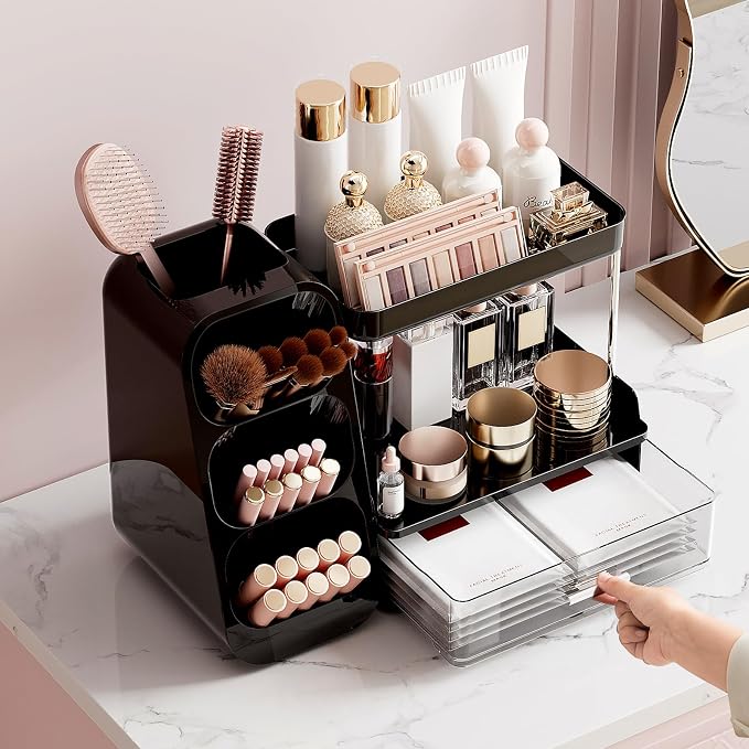 UFORU Makeup Organizer Countertop with Brush Holder for Vanity Bathroom | 3 Tiers Design, Large Capacity, Thickened Plastic, Detachable Brush Holder, Clear Drawer, Quick Access, Space-Saving