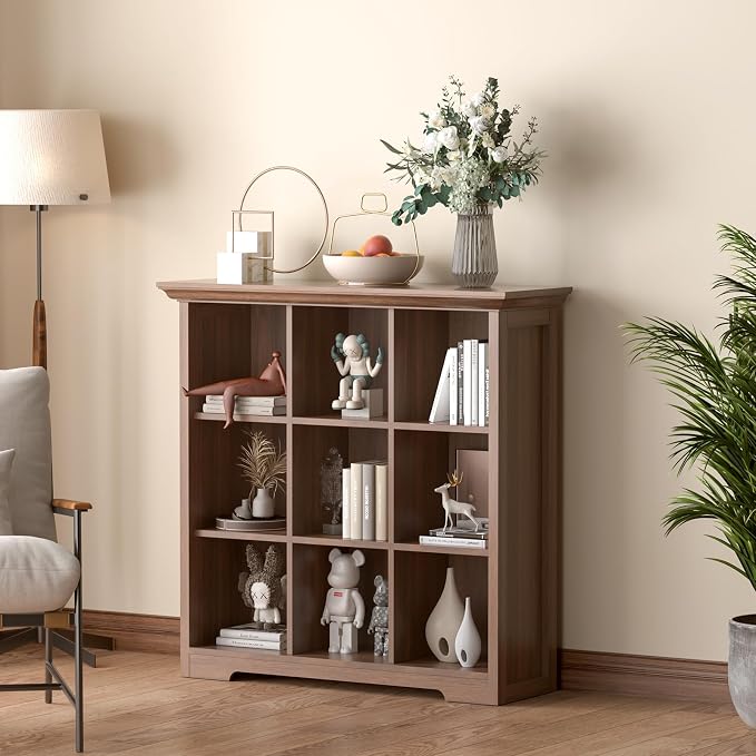 OSCHF 9-Cube Open Bookcase with Base, 3-Tier Wooden Bookshelf, Walnut | Curved Base, Crown Molding, Fits 11×11" Bins, Modern Storage Cabinet for Living Room, Bedroom, Home Office