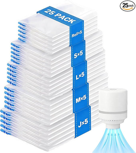 25 Pack Vacuum Storage Bags with Electric Pump, Compression Space Saver Vacuum Seal Bags 5 Jumbo/5 Large/5 Medium/5 Small/5 Roll Up Bags for Clothing Travel Comforters Blankets Pillows Bedding Duvets