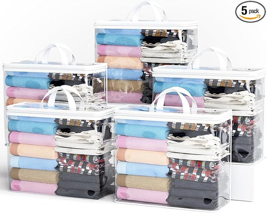 5PACK Plastic Clothes Storage Bag with Zipper, 22L Clear Storage Bags, and Blanket Storage Bags for Bedding, Blankets, Comforters, Clothing, Books, DVD & CD (White)