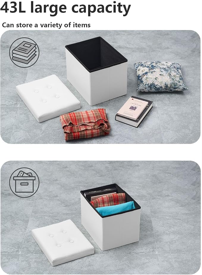 Bsketa Storage Ottoman Bench,17 Inch Folding Leather Foot Rest Stool,White | Ottoman with Storage, Thicker Foam Padded Seat, Living Room, Dorm, Bedroom, Load 330 lbs,Easy to install,17x13x13in