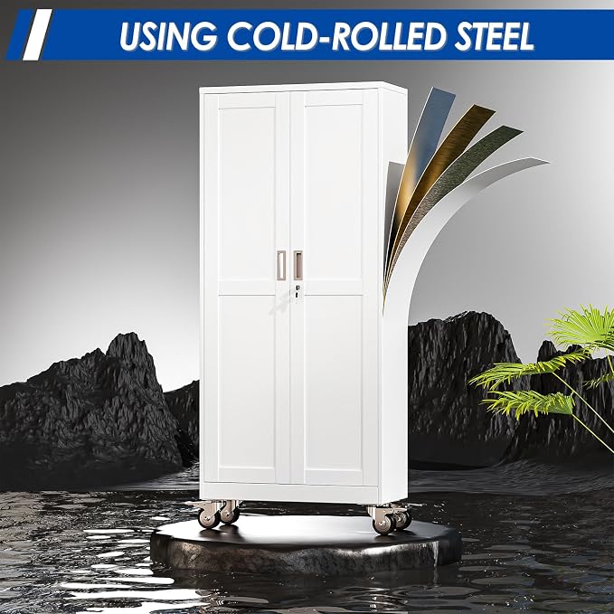 GAIOUS Metal Garage Storage Cabinet with Lock, Steel Tool Cabinet with 2 Door and 4 Adjustable Shelves, 71” Tall Lockable File Cabinet with Wheels, Rolling Cabinet for Home Office Garage Gym - White