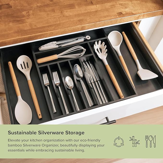 KitchenEdge Silverware & Utensil Drawer Organizer, 16-28 in, Black Bamboo | Cutlery, flatware, food-safe contract grade, kitchen drawer fit