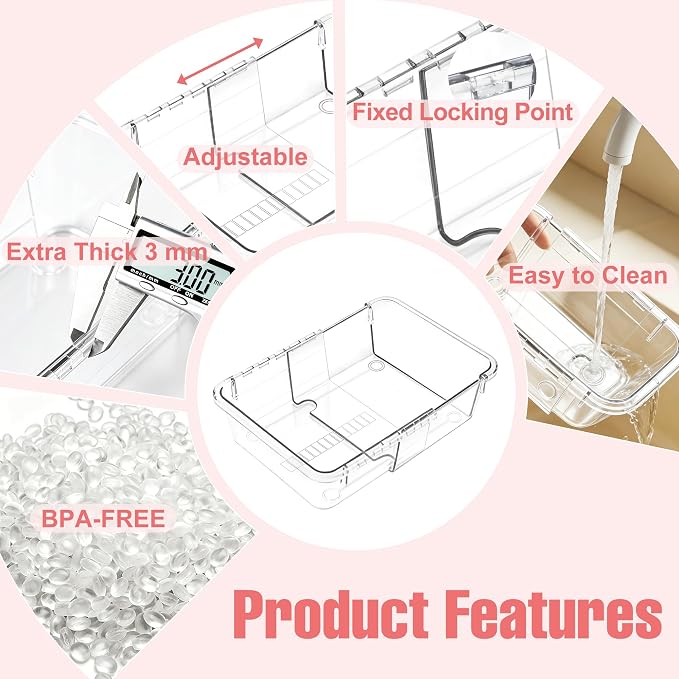 16 Pcs Extendable Clear Drawer Organizer, 3-Size Adjustable Boxes | 3-mm Extra Thick Acrylic Storage Bins for Vanity, Desk, Makeup, Cosmetics, Tool, Bedroom Dressers & Bathroom Organization