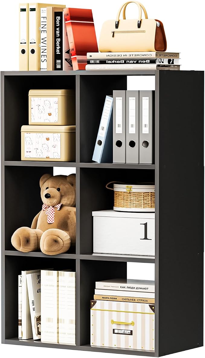 COMHOMA 6 Wood Cube Storage Organizer with Open Back and Removable Back Panels, 11In Black Cube Storage Bookshelf, Cubicle Shelf Bookcase for Home Office Bedroom Living Room, Vertical or Horizontal