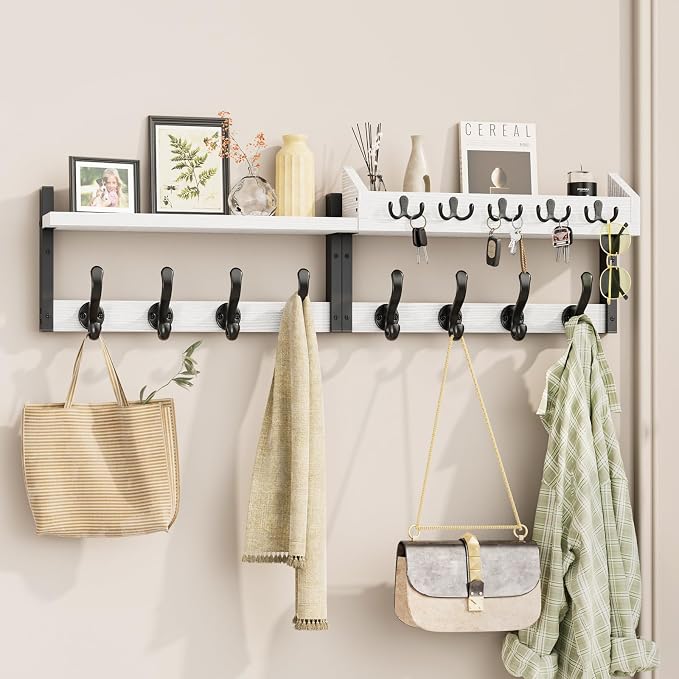 Evermagin 35" Coat Rack Wall Mount with Shelf for Entryway, White | Wall Mounted Coat and Key Rack with Hooks, Key Holder with Mail Organizer for Wall, Living Room, Mudroom, Bedroom