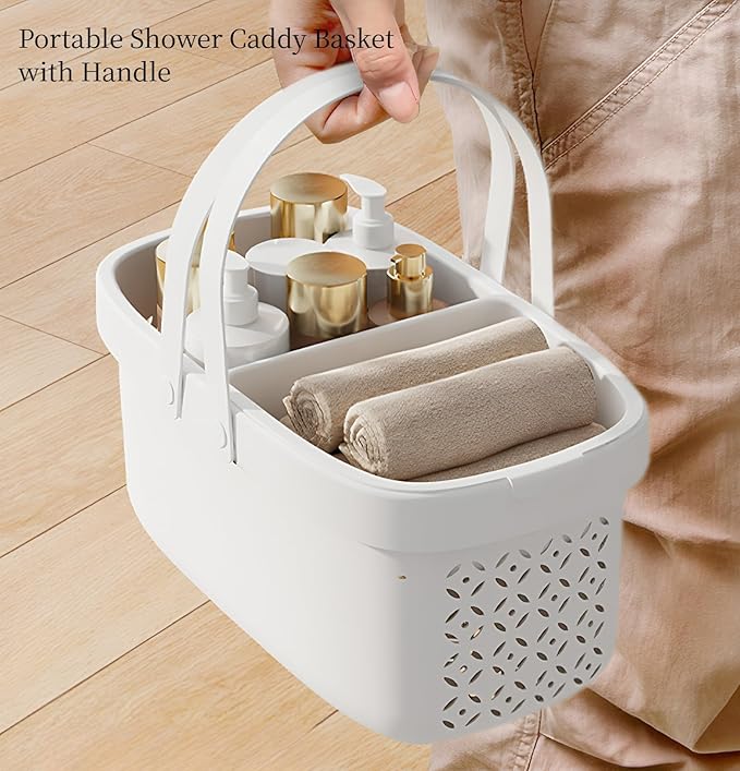 Pulseplay Plastic Shower Caddy Basket with Handle Portable Organizer Storage Basket with Drainage Holes for Bathroom College Dorm Bedroom Kitchen Gym (White)