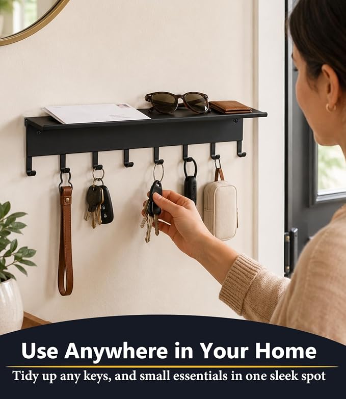 Key Holder Hooks Organizer Shelf Hanger Rack Wall Mounted Sweet Home Metal Decor Stylish and Practical for Entryway Front Door Kitchen Hallway Garage Mudroom Office Hardware Included Black