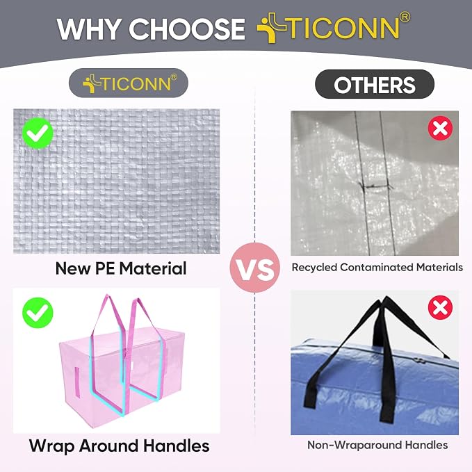 TICONN 2 Pack Extra Large Moving Bags Heavy Duty with Zippers & Carrying Handles, Durable Storage Bags Moving Boxes for Closet Organizers and Storage (2 Pack, Pink)