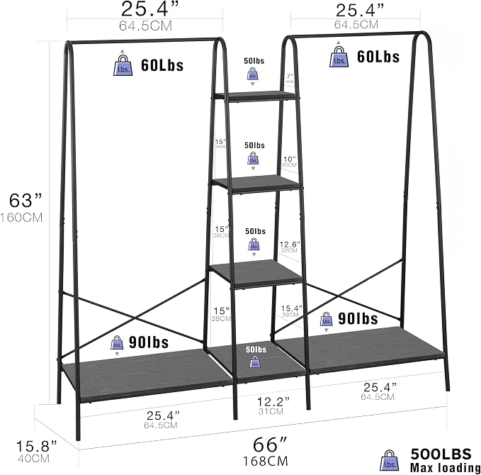 Finnhomy Clothes Rack for Hanging Clothes Freestanding Clothing Rack with 6 Wood Storage Shelves & 2 Rods Heavy Duty Garment Rack Portable Wardrobe Closet Organizer for Bedroom Closet Boutique,Black