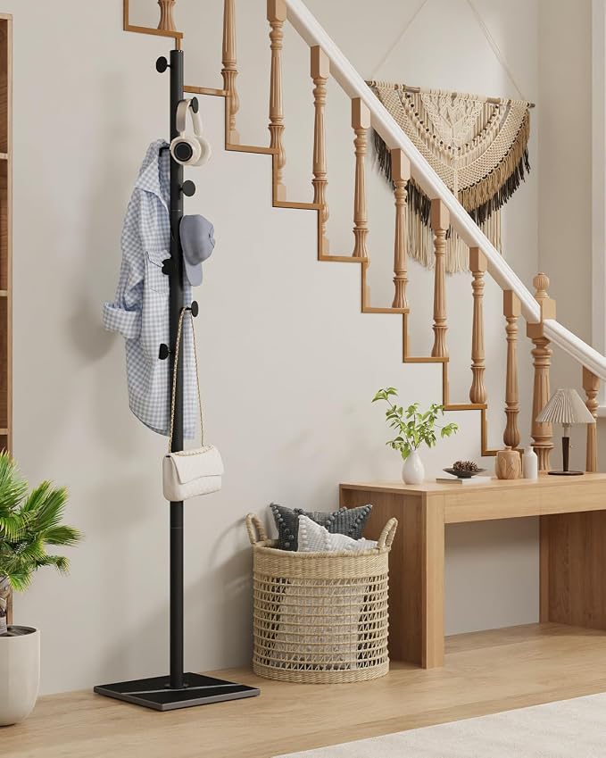 Clothes Rack Freestanding, Coat Tree with 8 Hooks, Black | Small Standing Cloth Hanger with Heavy Rock Slab Base, Modern Metal Garment Rack with 8 Hooks for Bedroom, Office