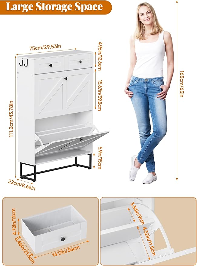 Shoe Storage Cabinet with 2 Flip Drawers & 2 Fabric Drawers, Farmhouse Hidden Shoe Organizer Cabinet with Adjustable Panel and Hooks, Narrow Slim Shoe Cabinets for Entryway, Hallway, Porch