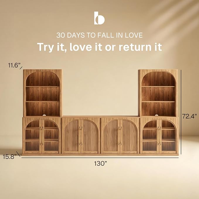 BELLEZE 6-Piece Modular TV Stand Set - 2 Double-Arc Wood Door Sideboards, 2 Arched Glass Door Sideboards, 2 Hutch Cabinets, Classic Modern Media Console with Adjustable Shelves for Living Room, Camel