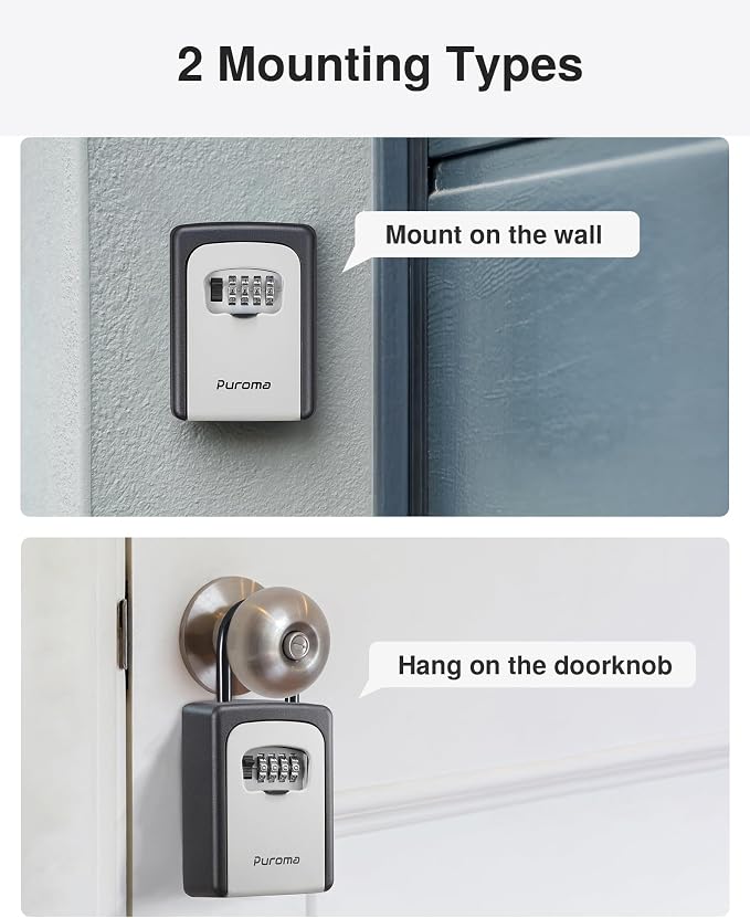 Puroma Lock Box, Large Key Lock Box Resettable Combination Code Lockbox, Portable Wall Mount Lockbox Security Safe Box for Outside Outdoor Home Office Door Handle House Key, Gray (4 Pack)