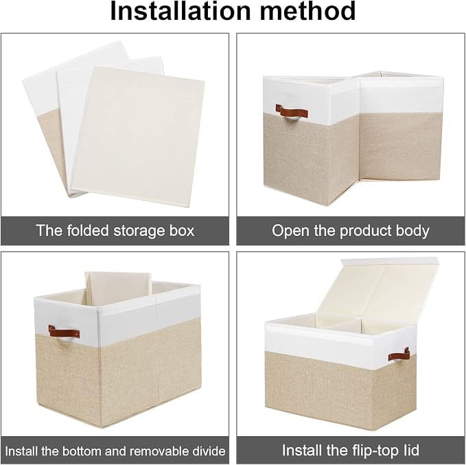 Large Toy Storage Box with Lid, Toy Chest Bin Boxes Basket with Dividers | Sturdy Toy Organizer Bin for Kids, Boys, Girls, Nursery, Living Room, Bedroom, Playroom 25"x13" x16" (Beige and White)