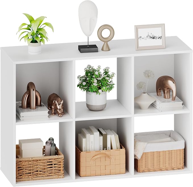 Sweetcrispy 6 Cube Storage Organizer, Stackable Modular Bookcase Shelf | Vertical or Horizontal Use, Fits 11×11" Bins, Removable Back Panels, for Living Room, Office, Entrance White Wood