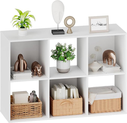 Sweetcrispy 6 Cube Storage Organizer, Stackable Modular Bookcase Shelf | Vertical or Horizontal Use, Fits 11×11" Bins, Removable Back Panels, for Living Room, Office, Entrance White Wood