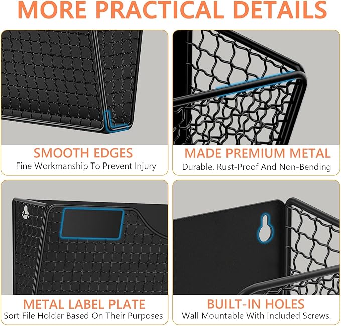 MFTEK Magnetic File Holder, 4 Pockets Magnetic File Folder Holder No Drilling Magnet Paper Mail Organizer Magazine Basket, Hanging Wall Storage Rack for Fridge Cabinets Office Classroom