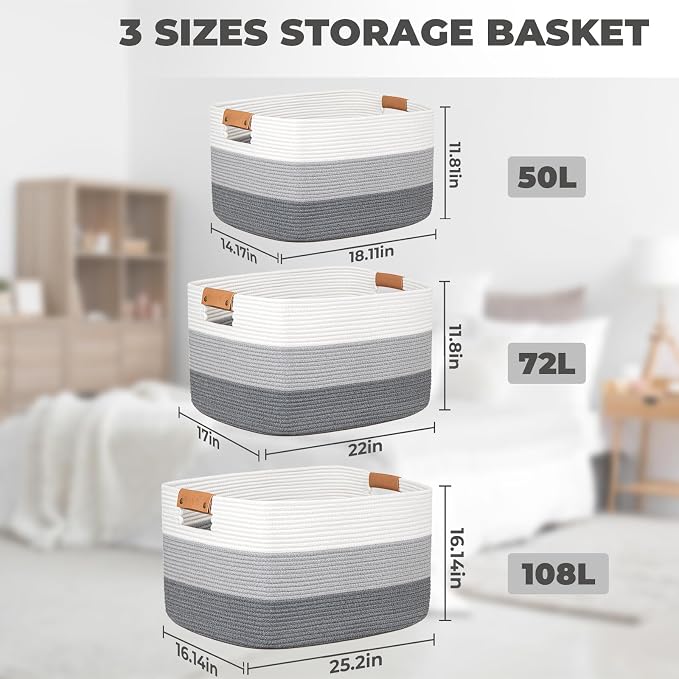 danpinera Rectangle Blanket Storage Basket, 50L Large Decorative Basket Living Room, Storage Bin with Handle, Woven Rope Hamper for Toy Organizing & Laundry, 18.11’’*14.17’’*11.81’’ Gradient Grey