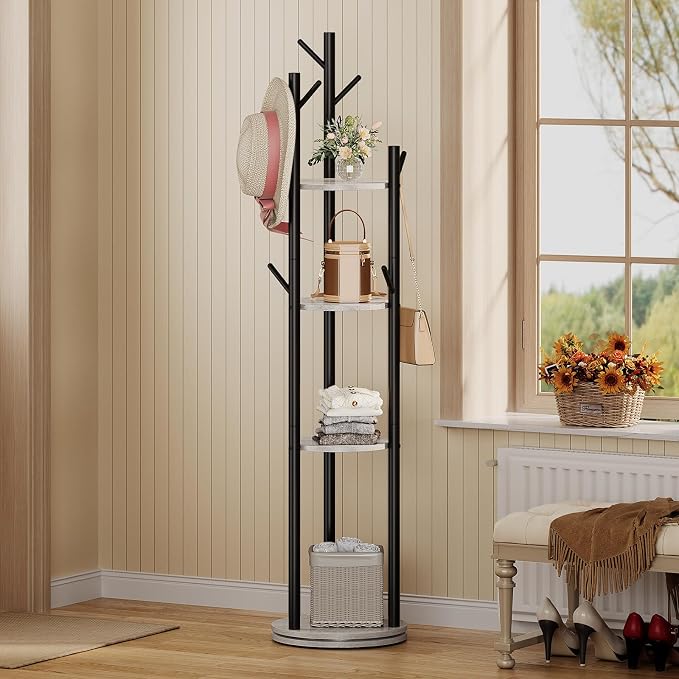 Espelism Rotary Coat Rack Stand, Freestanding Metal Hall Tree with 9 Hooks | 4-tier coat stand with wood storage shelves. Ideal for entryway, bedroom, corner or office clothing organization.Grey