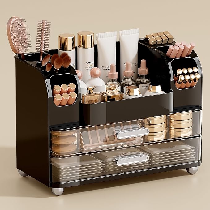 UFORU Makeup Organizer Countertop with 2 Large Drawers for Vanity Bathroom | Brush Holder, Large Capacity, Thickened Plastic, Compact Footprint, Space-Saving Design, Easy Clean, Ideal for Dorm Rooms