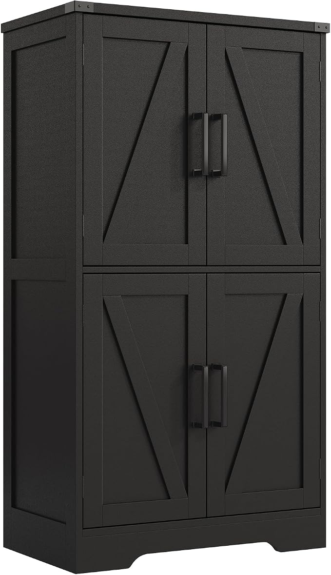 Treocho Farmhouse Bathroom Floor Cabinet with Adjustable Shelves | 13.78"D x 23.62"W x 43.46"H, Freestanding Kitchen Pantry Cabinet, Cupboard for Living Room, Dining Room, Black
