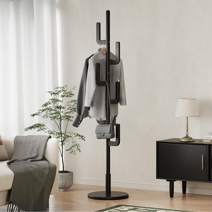 Solid Wood Cactus Coat Rack, Freestanding Coat Rack With 6 L-Shaped Hooks and 3 Adjustable Sizes, Coat Tree for Bedroom, Entryway, Livingroom, Coat Hanger Stand for Coats, Handbags (Black)