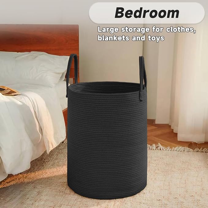 JMvicyroam 100L Cotton Rope Laundry Basket Hamper, Black | Collapsible laundry basket, reinforced handles, freestanding, machine washable, holds 3-5 thick blankets, clothes or toys