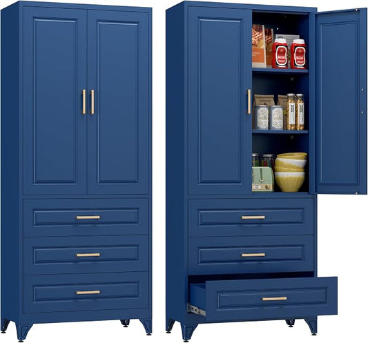 Polup 75" Metal Storage Cabinet, Kitchen Pantry Cabinet with 3 Drawers | Heavy-Duty Blue Tall Cabint with 2 Doors and 3 Adjustable Shelves, Magnetic Latch, Gold Handles, for Dining Living Room