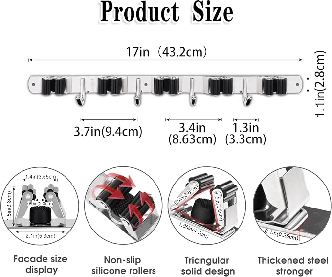 2 Pack Broom Holder Wall Mount, 5 Racks 4 Hooks Mop and Broom Organizer | Mop Holder Wall Mount and Broom Hanger for Garage, Laundry Room, Kitchen and Utility Storage