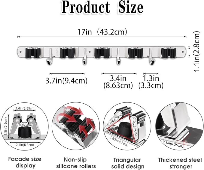 AceMining Broom Holder Wall Mount, 5 Racks 4 Hooks Heavy Duty Mop Organizer | Mop Holder Wall Mount and Broom Hanger for Garage, Laundry Room, Kitchen and Utility Storage