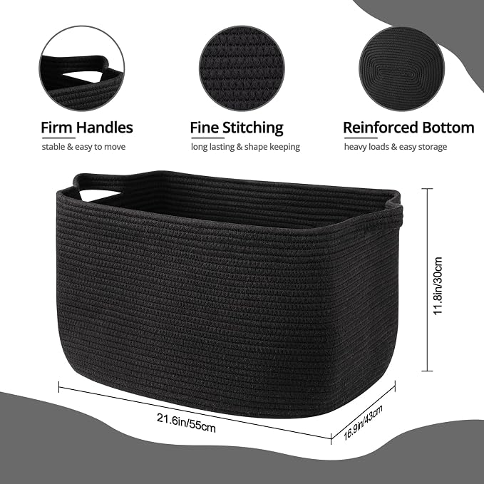 OIASKET 70L Large Blanket Basket, 21.6" x 16.9" x 11.8" Woven Storage Basket for Living Room, Nursery Blanket Storage for Toys, Towels, Dirty Clothes (Black)