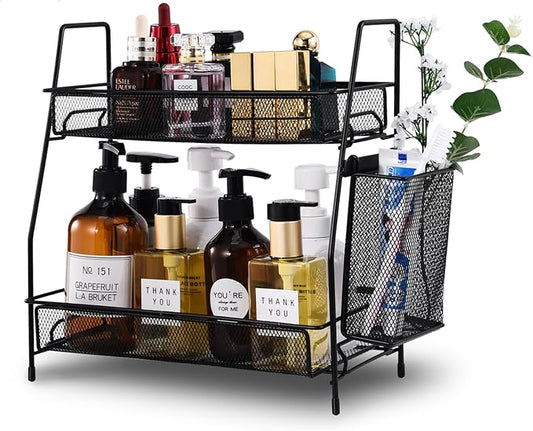 2-Tier Bathroom Countertop Organizer,Skincare, Makeup Countertop Organizers, Kitchen, Bathroom Counter Storage with Small Basket (Black)