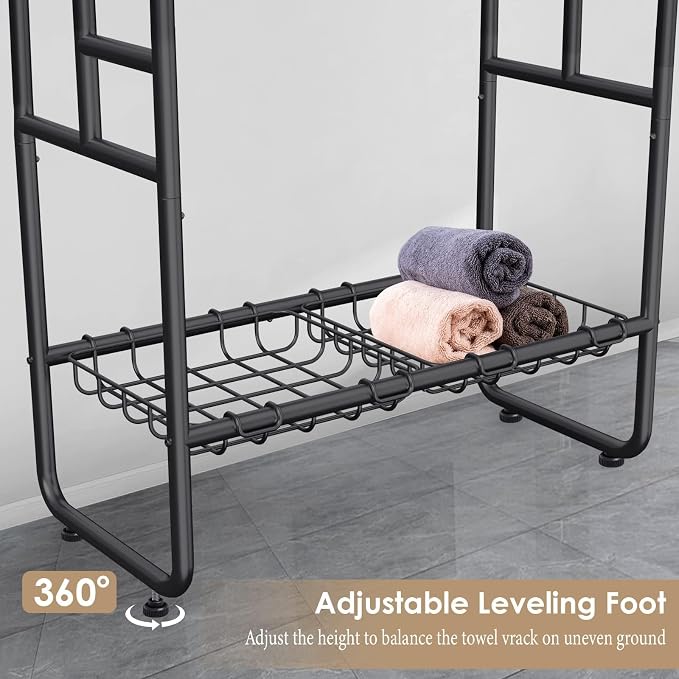 Kayfia 40'' Freestanding 3 Tier Metal Towel Rack, 2 Baskets & 6 Hooks | Dual-Use Drying & Display Rack, Holds Oversized Bath Towels & Blankets, fits Indoor, Bathroom, Bedroom & Outdoor, Black