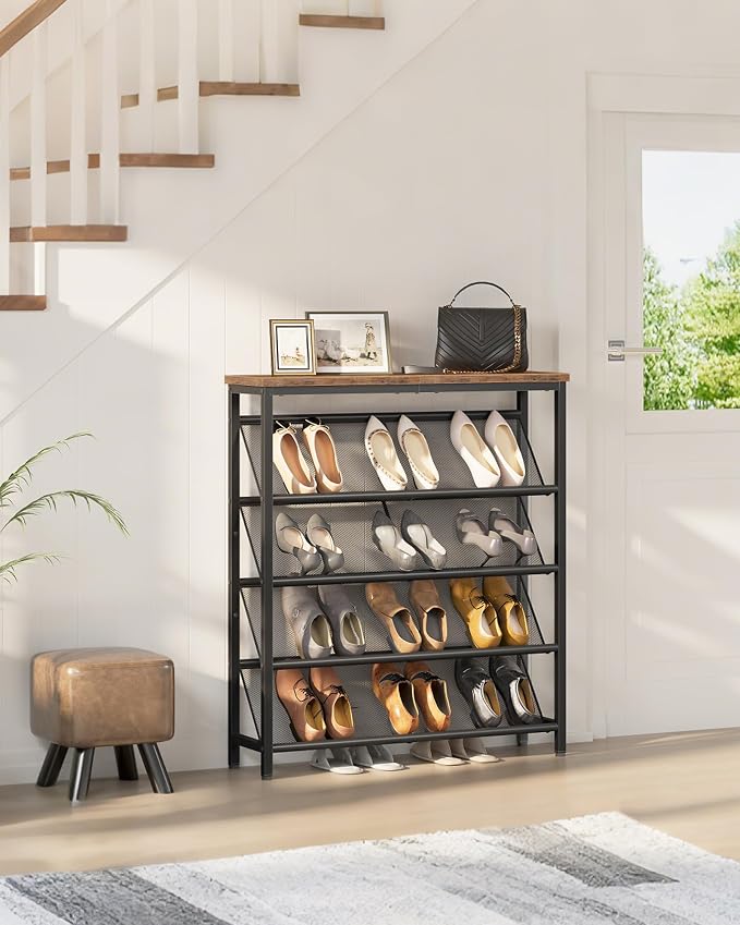 CHOEZON Shoe Rack, 5-Tier Slanted Shoe Storage Shelf, Narrow Shoe Rack for Entryway, Shoe Organizer with Adjustable Feet, Slim Shoe Shelf with Wooden Top and Metal Frame Rustic Brown and Black TXJ02BF