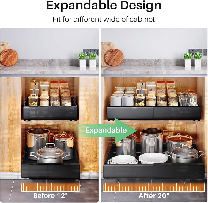 2 Pack Pull out Cabinet Organizer, Expandable(12"-20") Heavy Duty Slide out Drawer Fixed with Adhesive Nano Film for Pots, Roll out Shelf Storage for Kitchen Organization, Pantry, Bathroom(Black)
