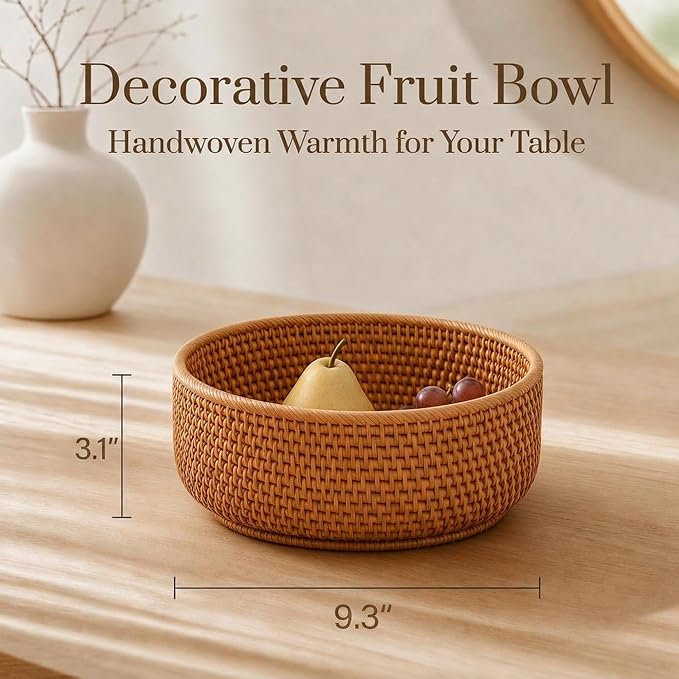 9.3" Rattan Storage Basket – Handmade Decorative Wicker Basket, Home Organization Natural Bread Basket Fruit Bowl Accessories Stationery Storage, Tabletop Bathroom Office Organizer (M, 9.3" x 3.1")