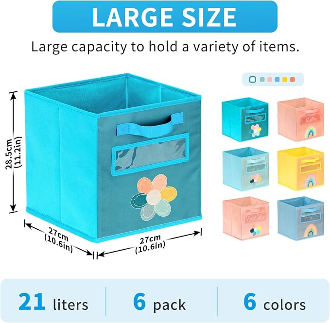 Cube Storage Bins, 6 Pack 11 Inch Fabric Storage Bins with Handle and Label Window, Foldable Storage Cubes, Colorful Fabric Bins for Kids Room, Classroom Organization and Storage, Clothes, Toys