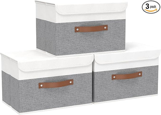 Yawinhe Storage Bins with Lids,White/Grey,17.7x11.8x11.8in,3-Pack | Fabric Container with Leather Handle,Washable Home Basket, Clothes Blanket Storage Boxes,Collapsible Closet Organizer