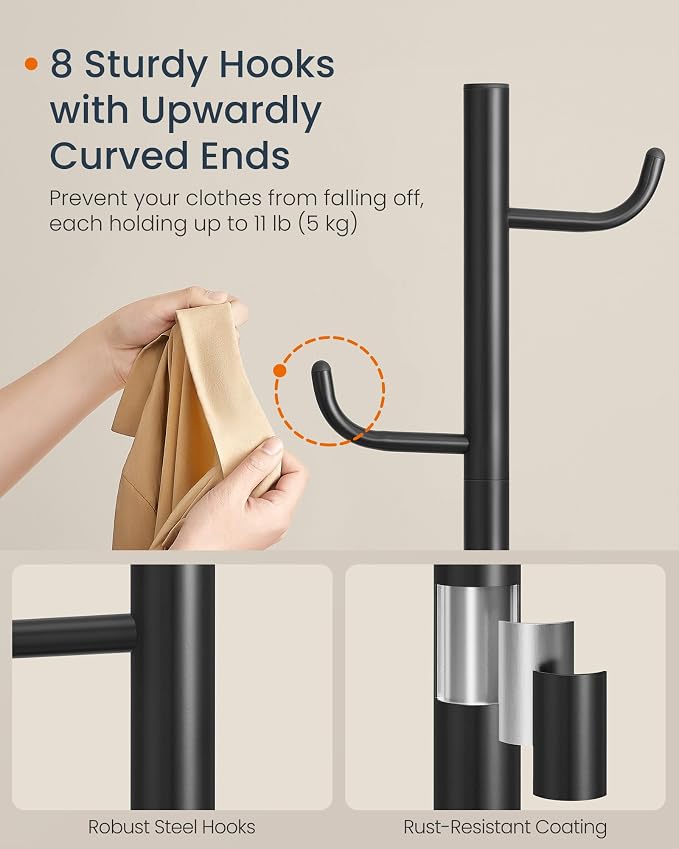 SONGMICS HOME Cactus-Shaped Coat Rack, Freestanding Coat Tree, Coat Hanger Stand with 8 Sturdy Hooks, with Curved Ends, for Clothes, Hats, Bags, Ink Black URCR039B01